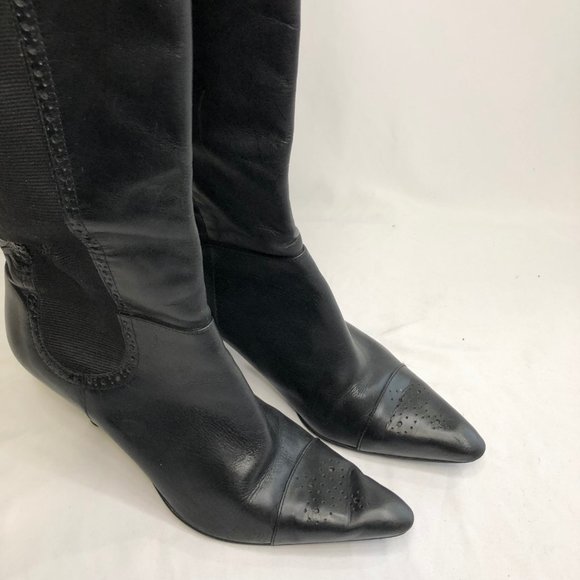 Audrey Brooke Black Leather Boots Heels - Picture 3 of 7